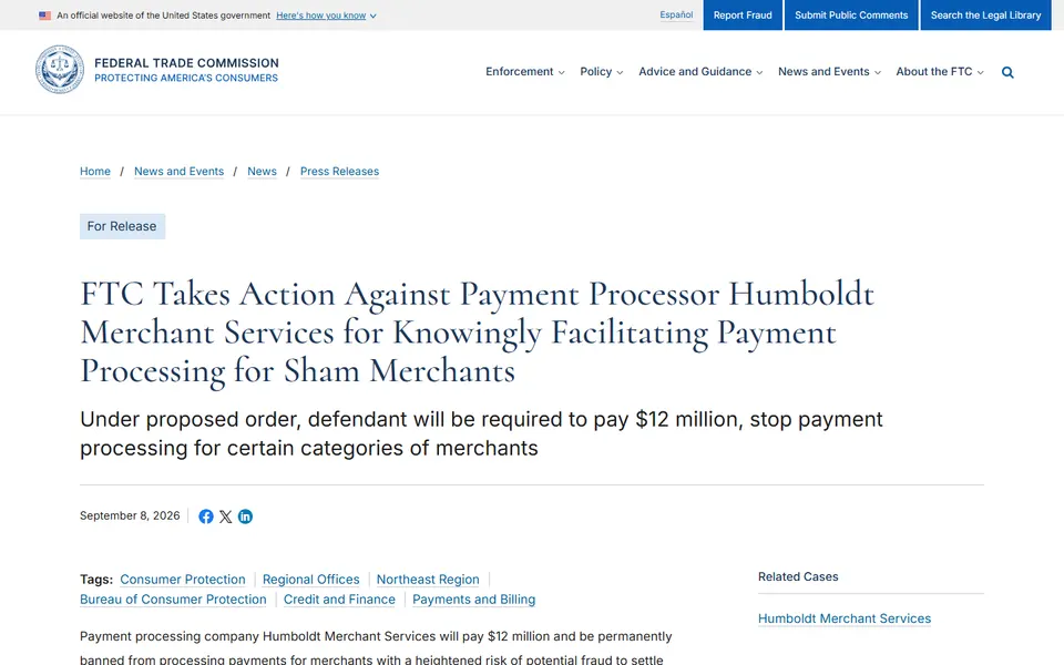 FTC press release page on the Humboldt Merchant Services proposed order.